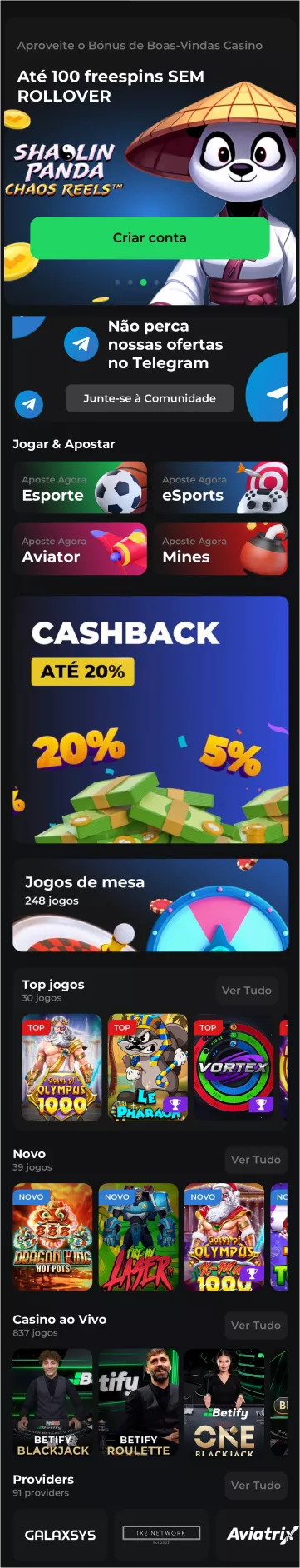 Visual da plataforma Betify com os jogos de cassino mais populares Página inicial do Betify com destaque para slots e jogos de crash